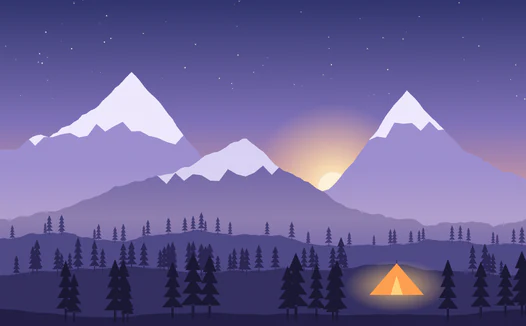 An illustrated mountain landscape at dawn, used to show the transforms.