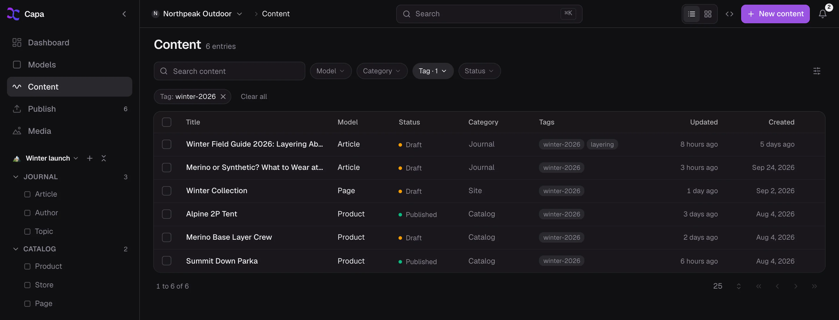 The Content list filtered to one tag, with filters for model, category, tag and status.