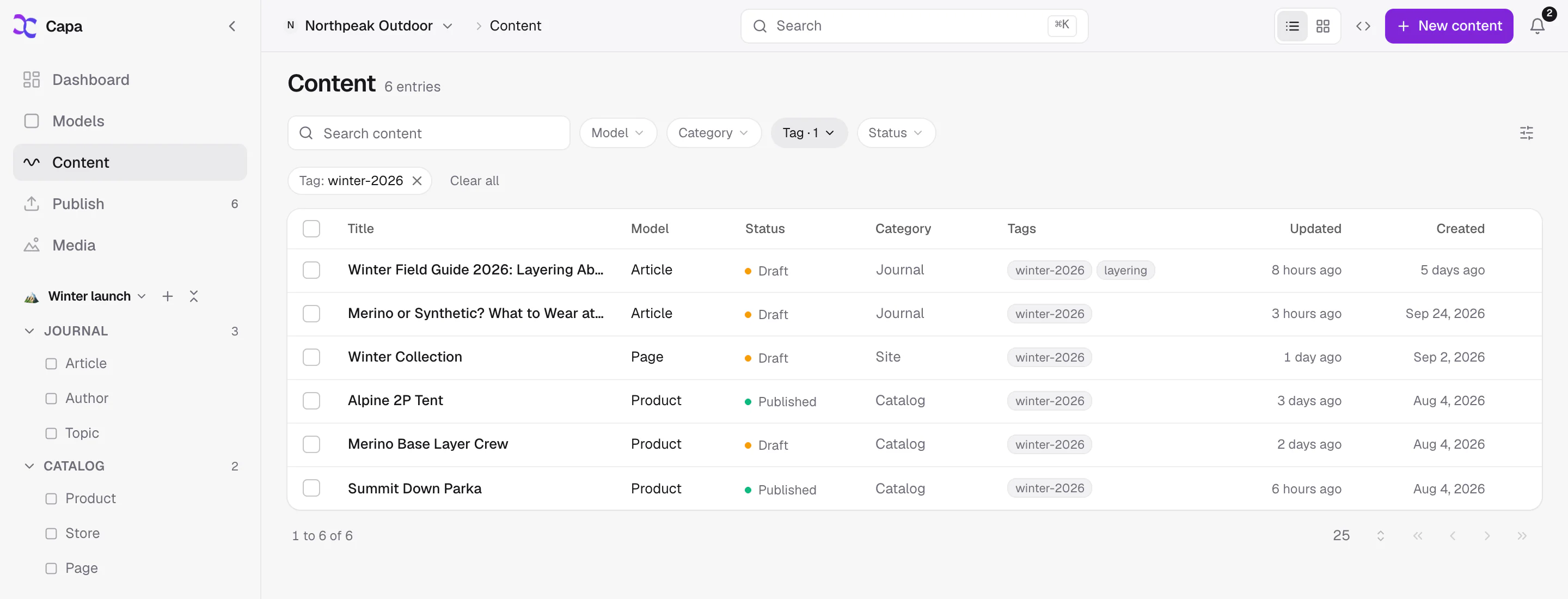 The Content list filtered to one tag, with filters for model, category, tag and status.