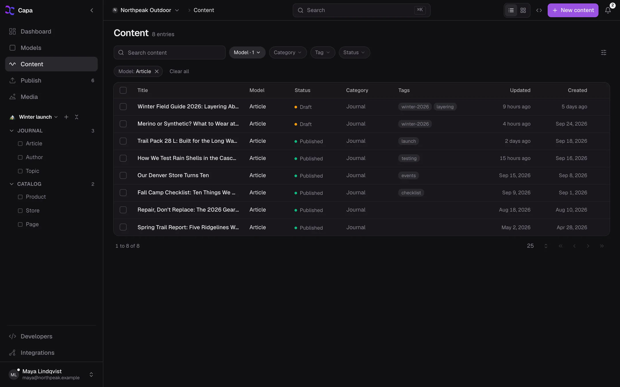 The Content page filtered to articles, with Title, Model, Status and Updated columns