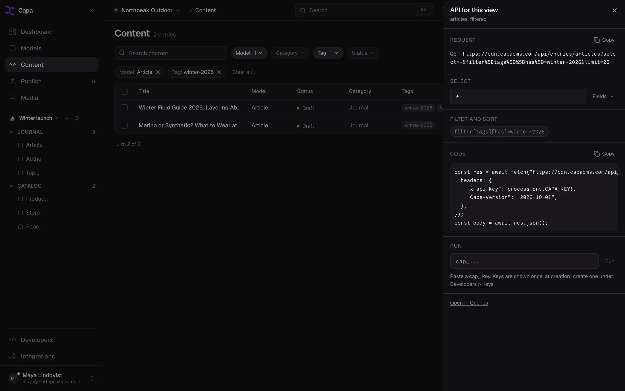 The API for this view sheet open over a filtered list of articles, showing the request, the Select block and a fetch snippet