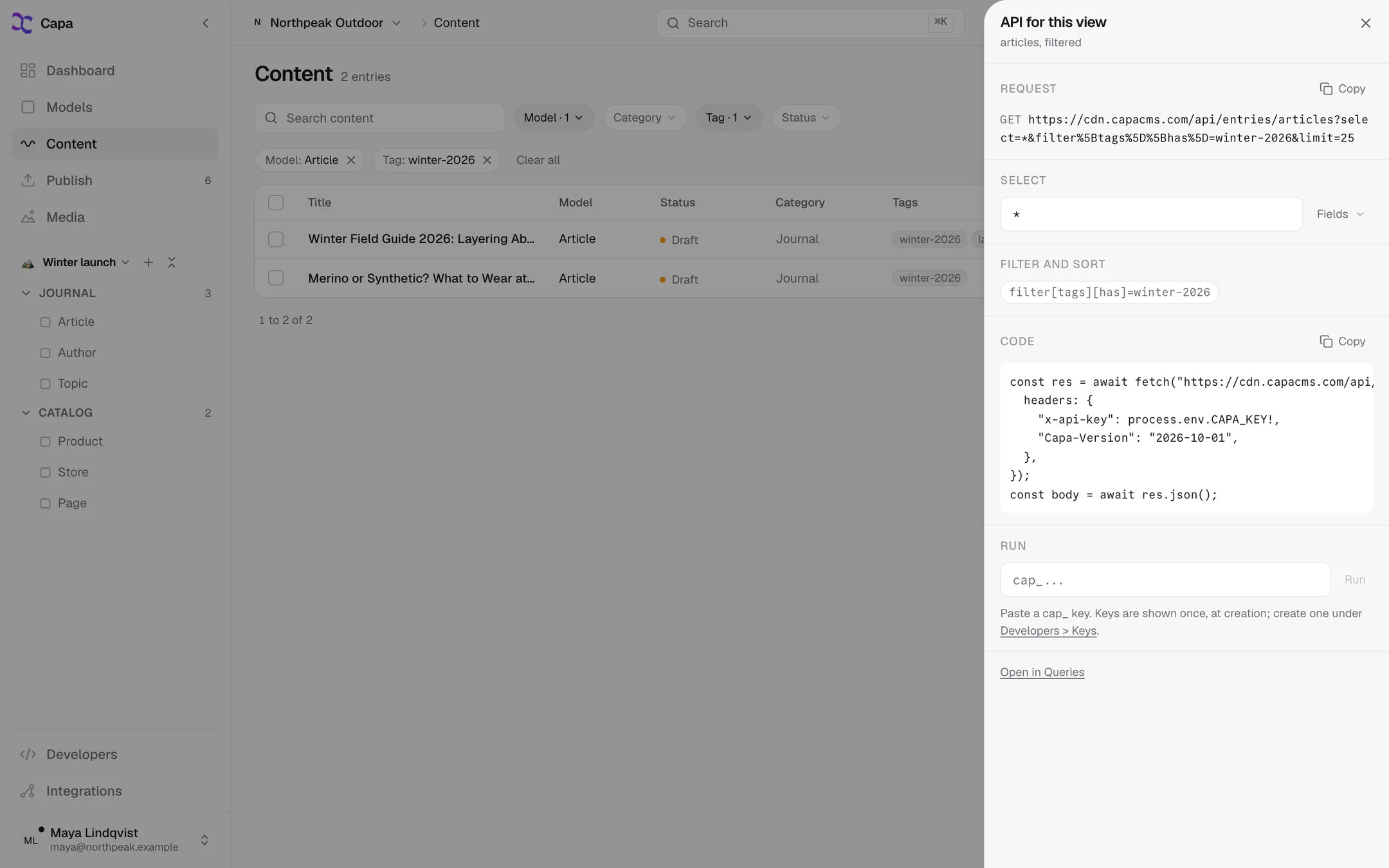 The API for this view sheet open over a filtered list of articles, showing the request, the Select block and a fetch snippet