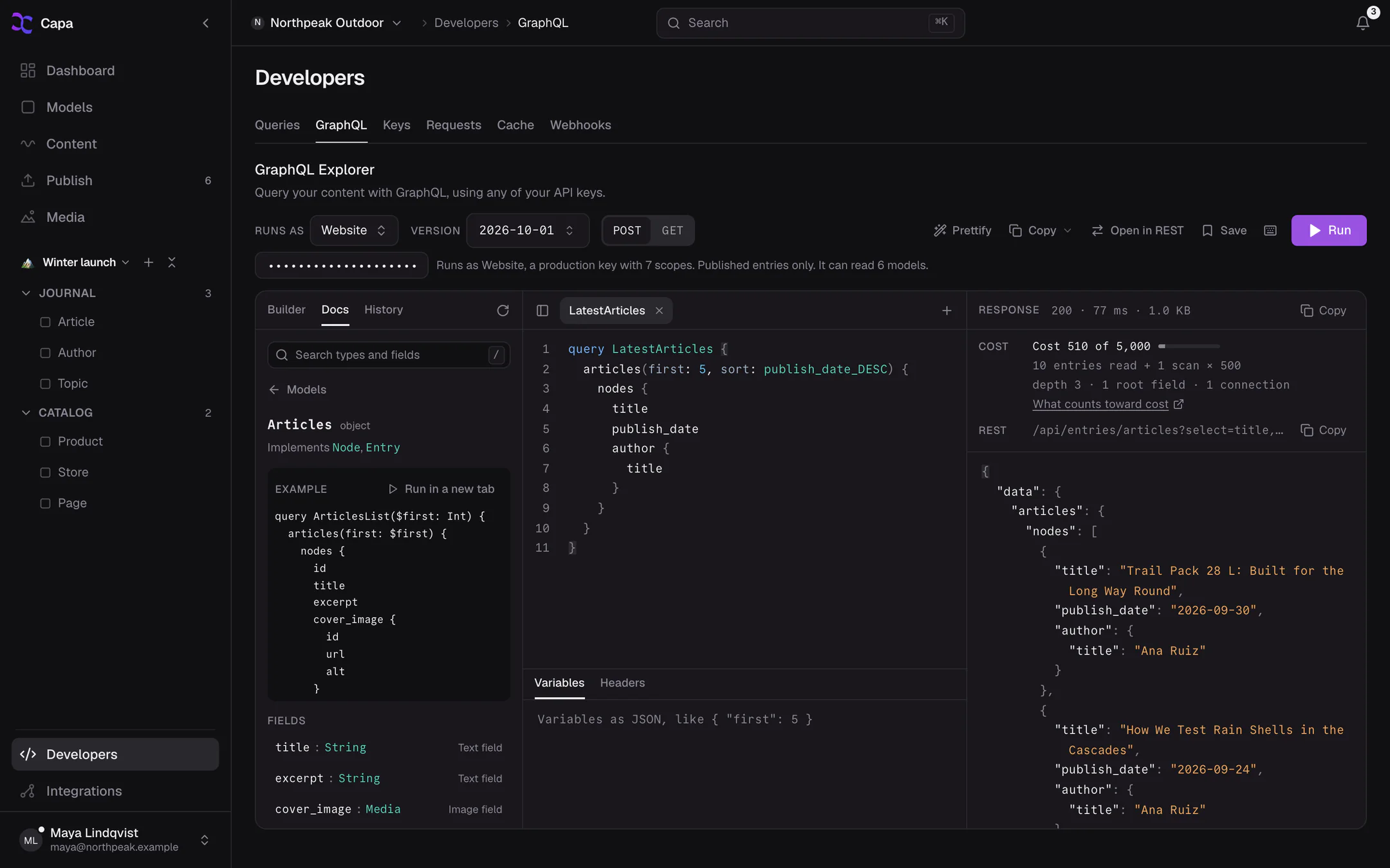 The GraphQL Explorer with a query, its response, and the Docs panel open