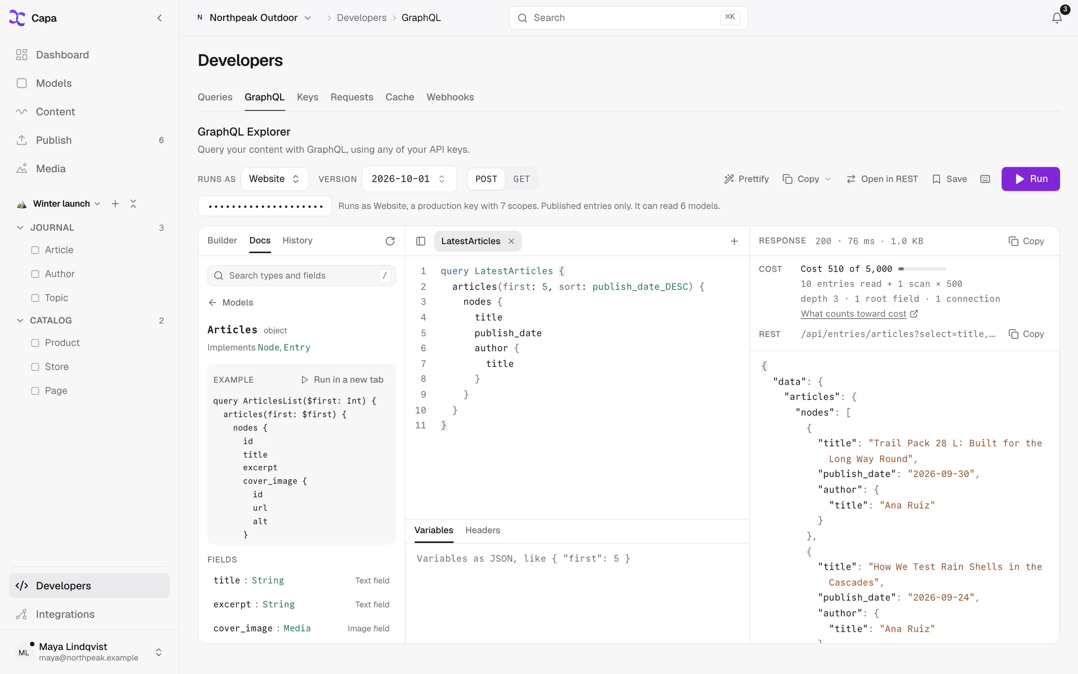 The GraphQL Explorer with a query, its response, and the Docs panel open