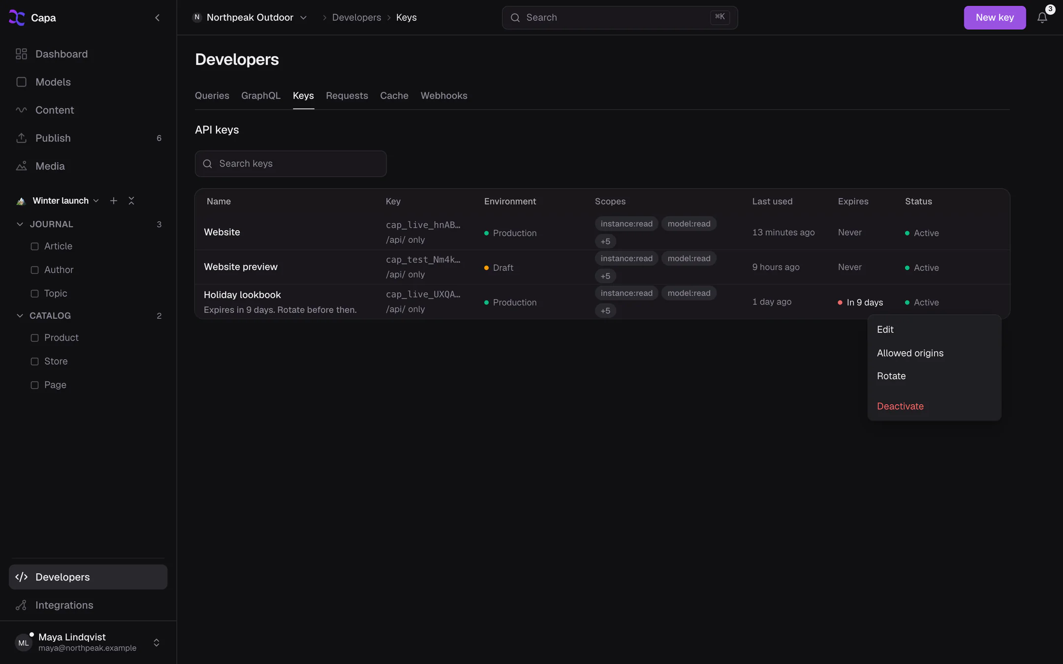 The Keys tab with the project's keys and one key's menu open