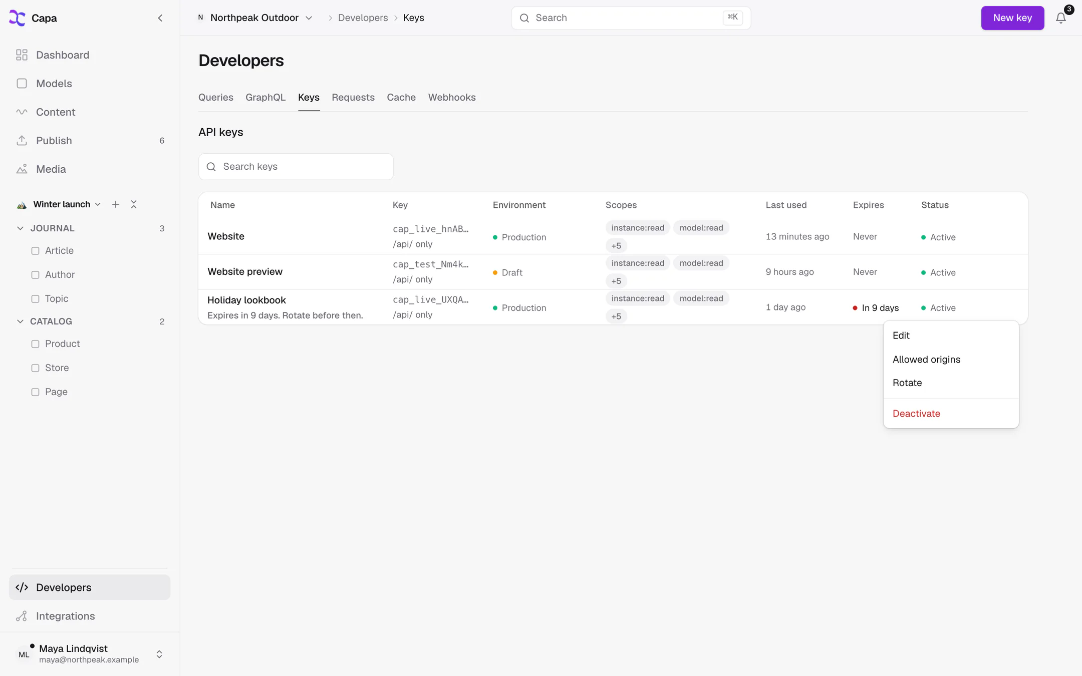 The Keys tab with the project's keys and one key's menu open