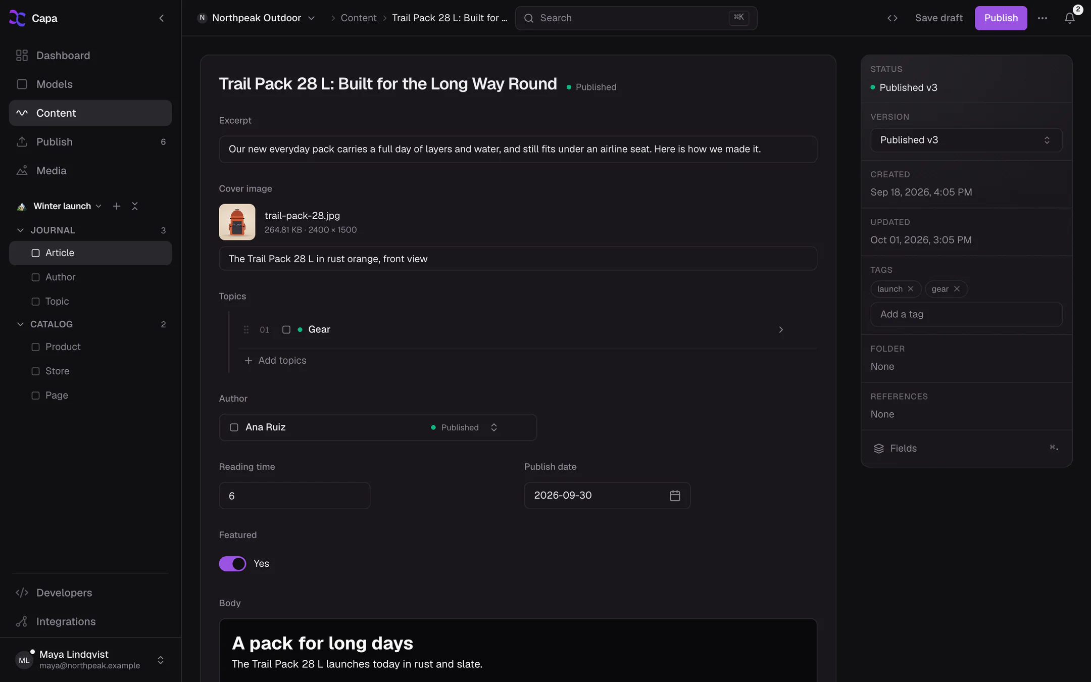 An article open in the editor, with the details panel showing Status, Version and Tags