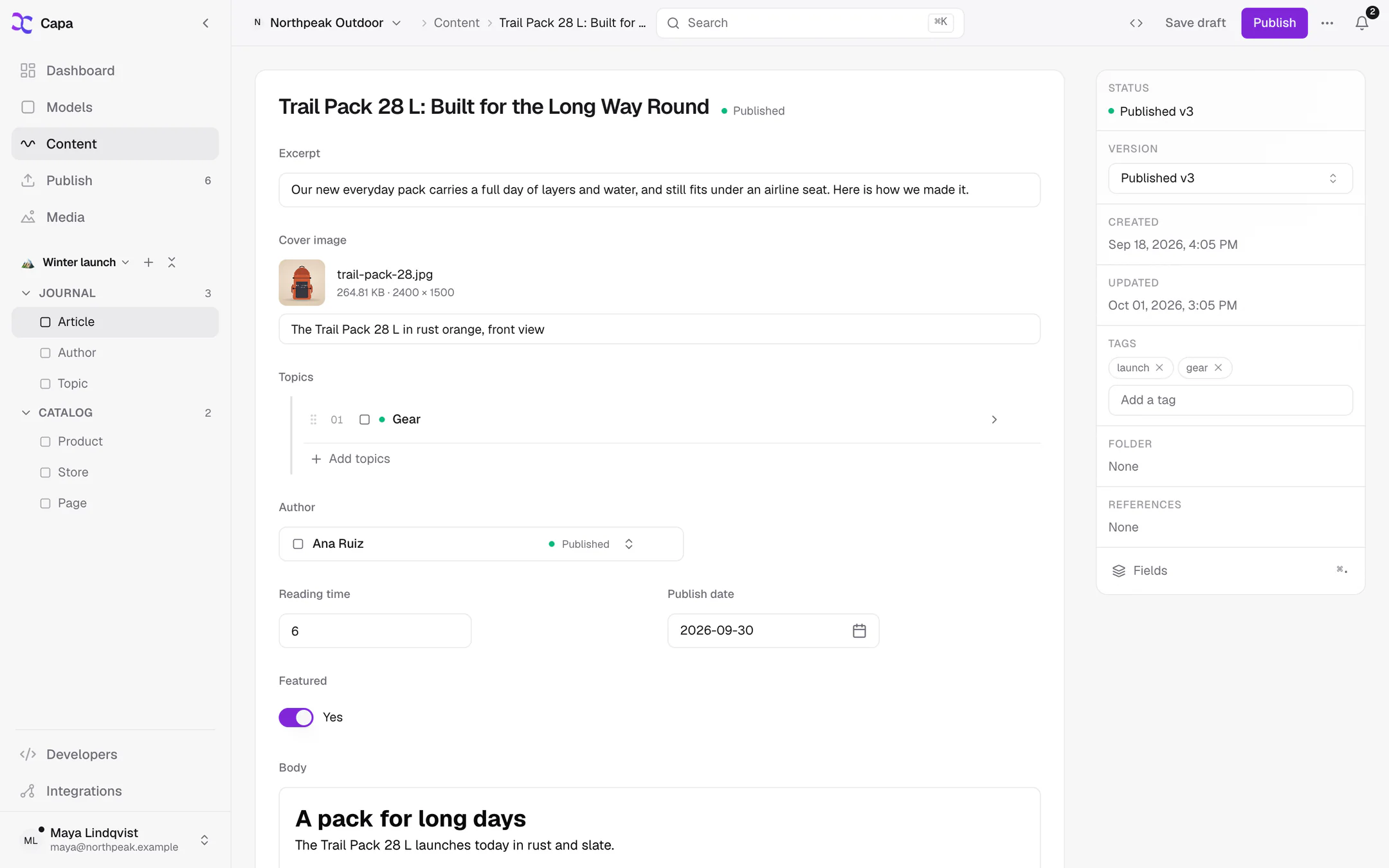 An article open in the editor, with the details panel showing Status, Version and Tags