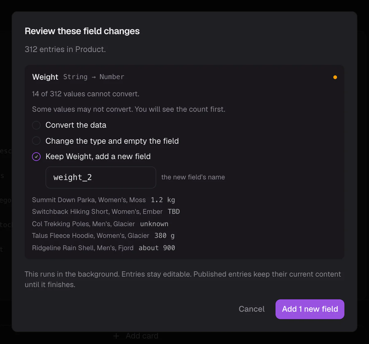 The Review these field changes dialog for a change to Number, with the values that cannot convert and the options for them