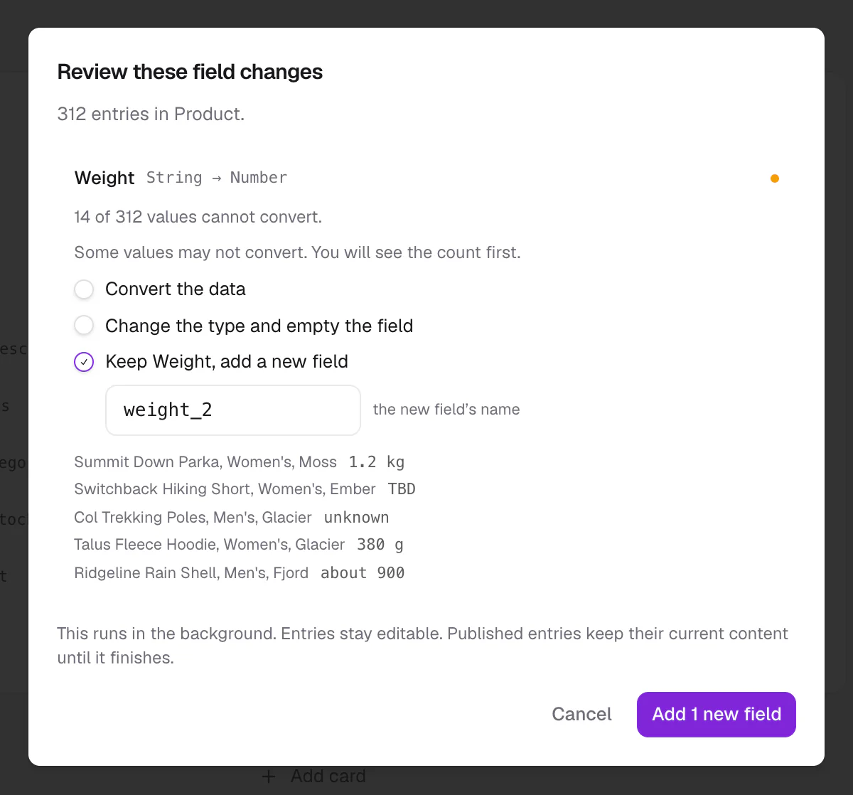 The Review these field changes dialog for a change to Number, with the values that cannot convert and the options for them