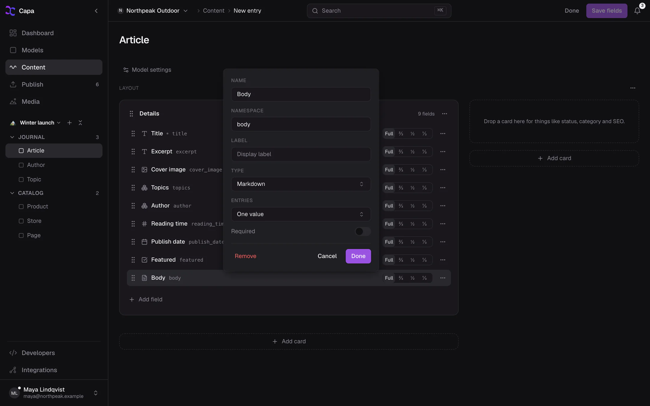 Field-editing mode on an Article with the Body field's settings open: Name, Namespace, Label, Type, Entries and Required