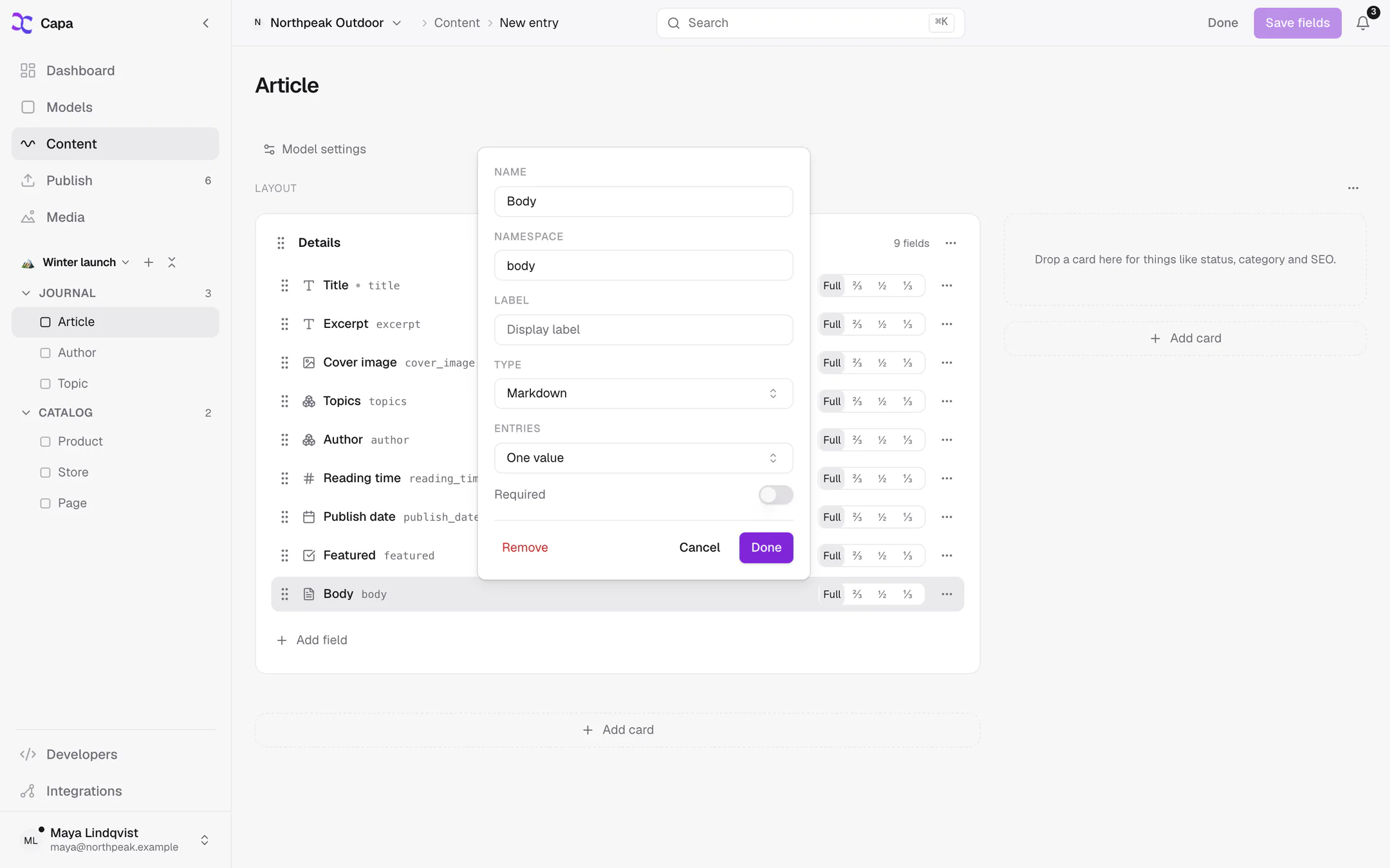 Field-editing mode on an Article with the Body field's settings open: Name, Namespace, Label, Type, Entries and Required