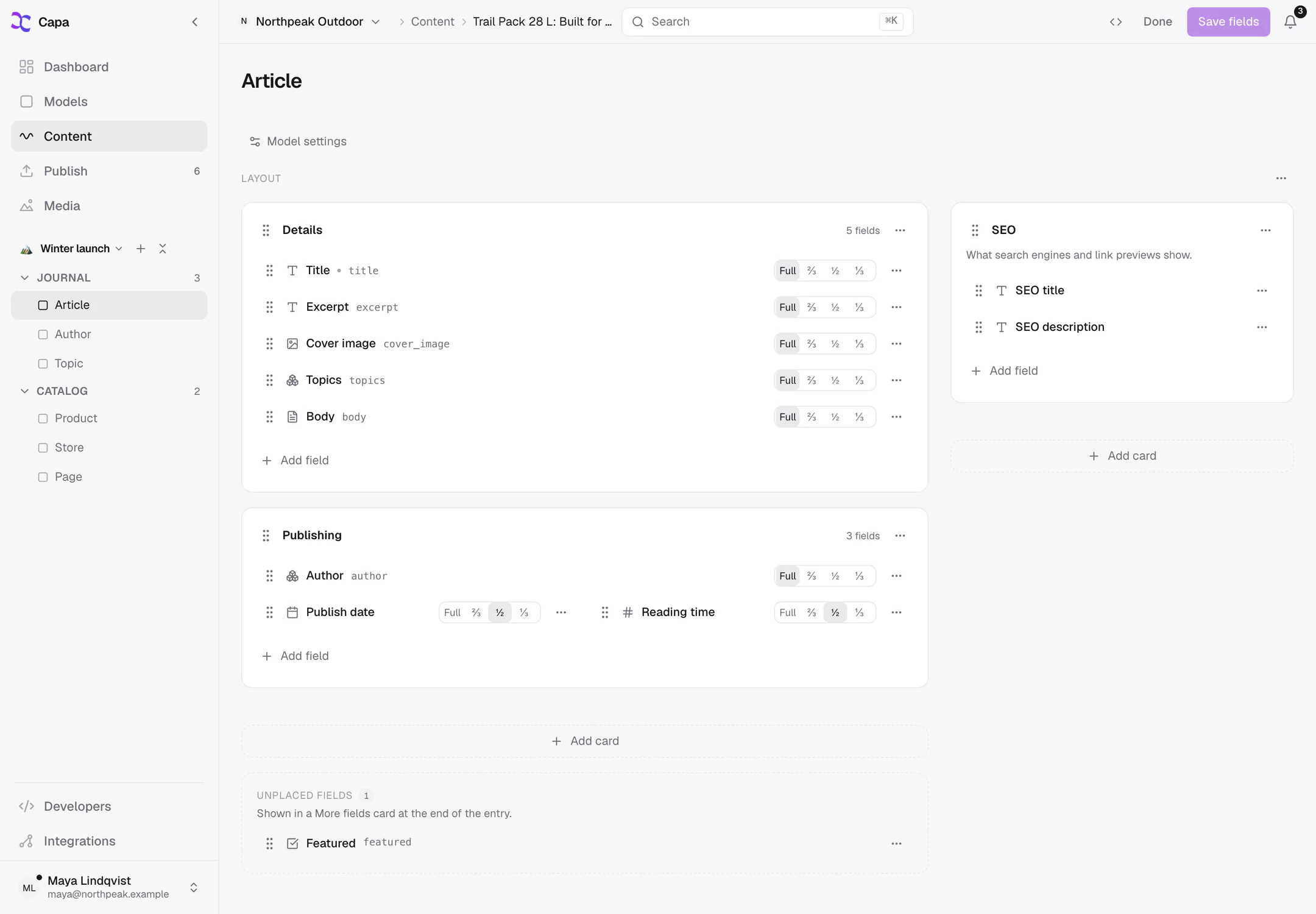 The layout builder for an Article model, with cards in the main and side columns and the width control on each field
