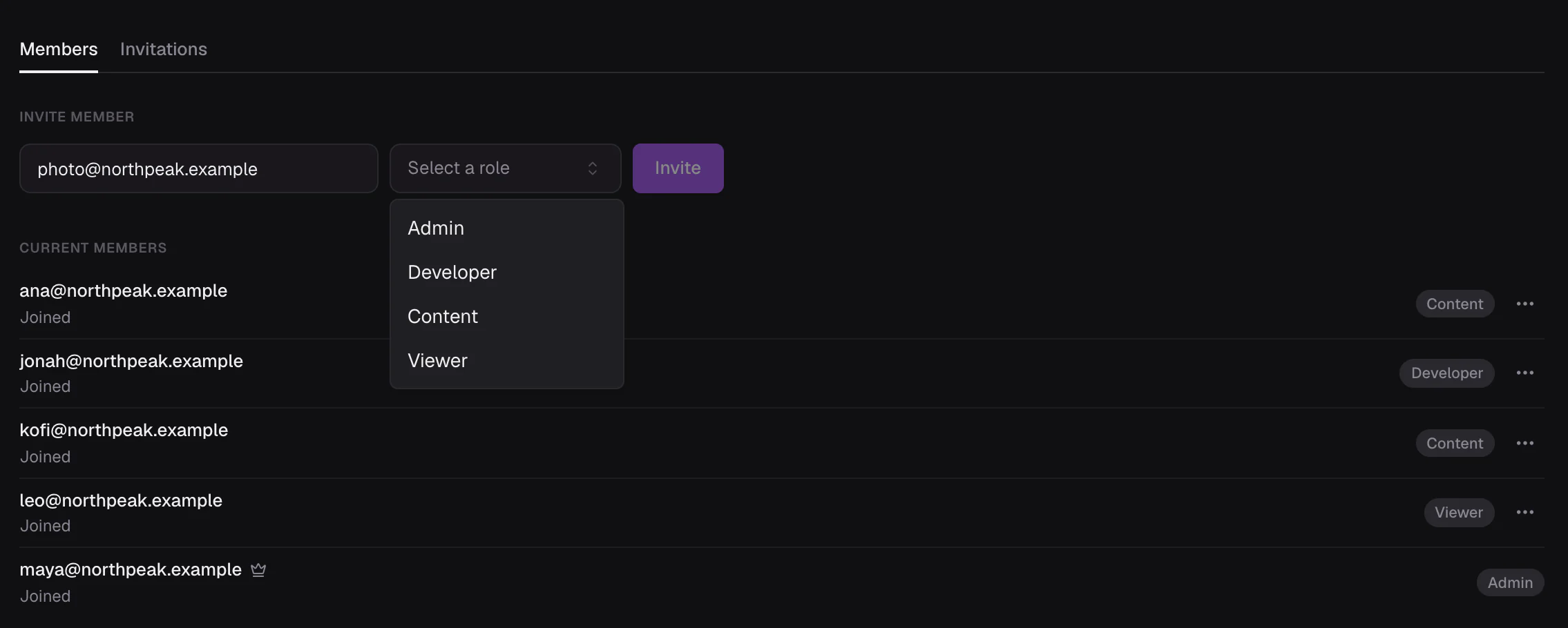 Settings, Members with the Invite member form filled in and the role menu open