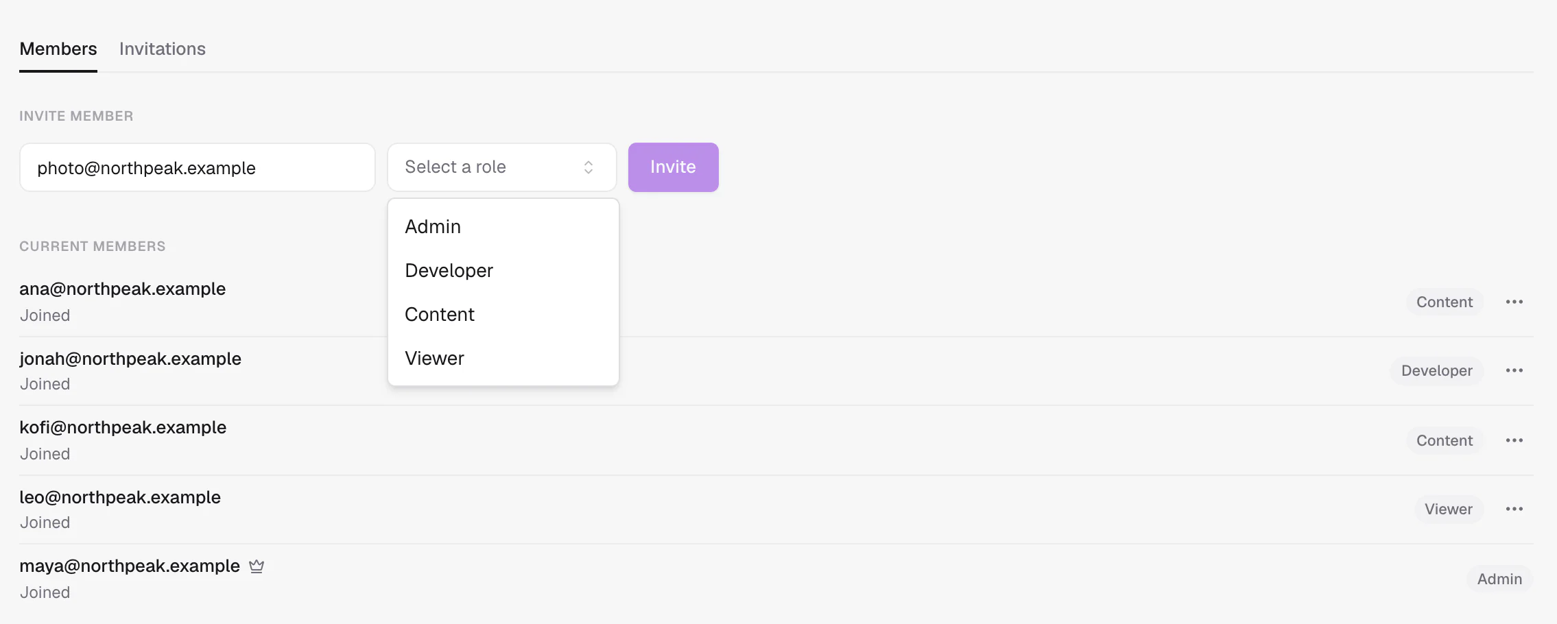 Settings, Members with the Invite member form filled in and the role menu open