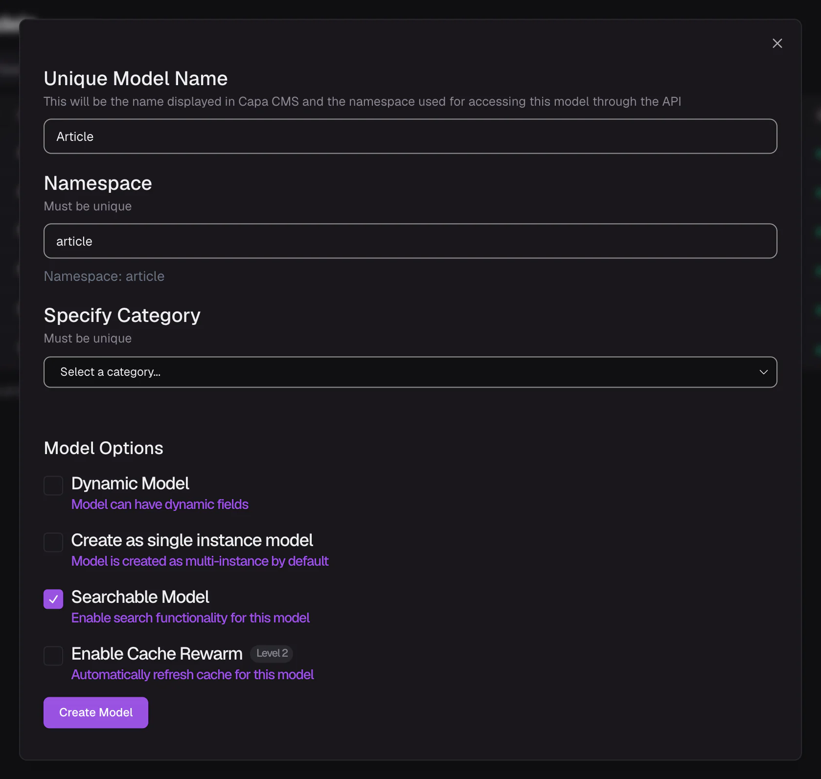 The New model dialog filled in for Article, with the namespace preview and the Model Options switches