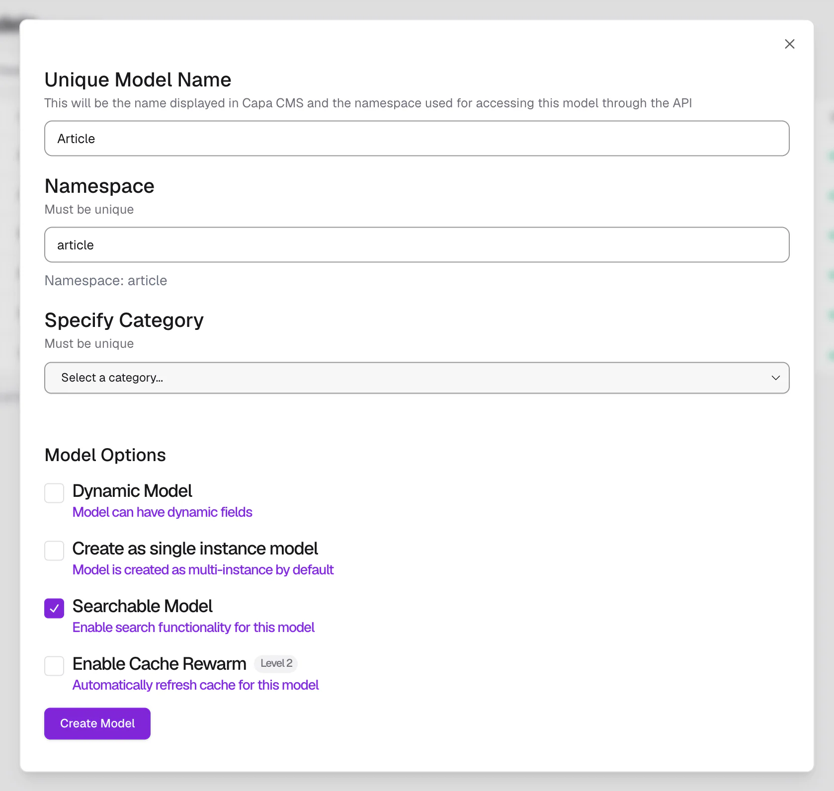The New model dialog filled in for Article, with the namespace preview and the Model Options switches