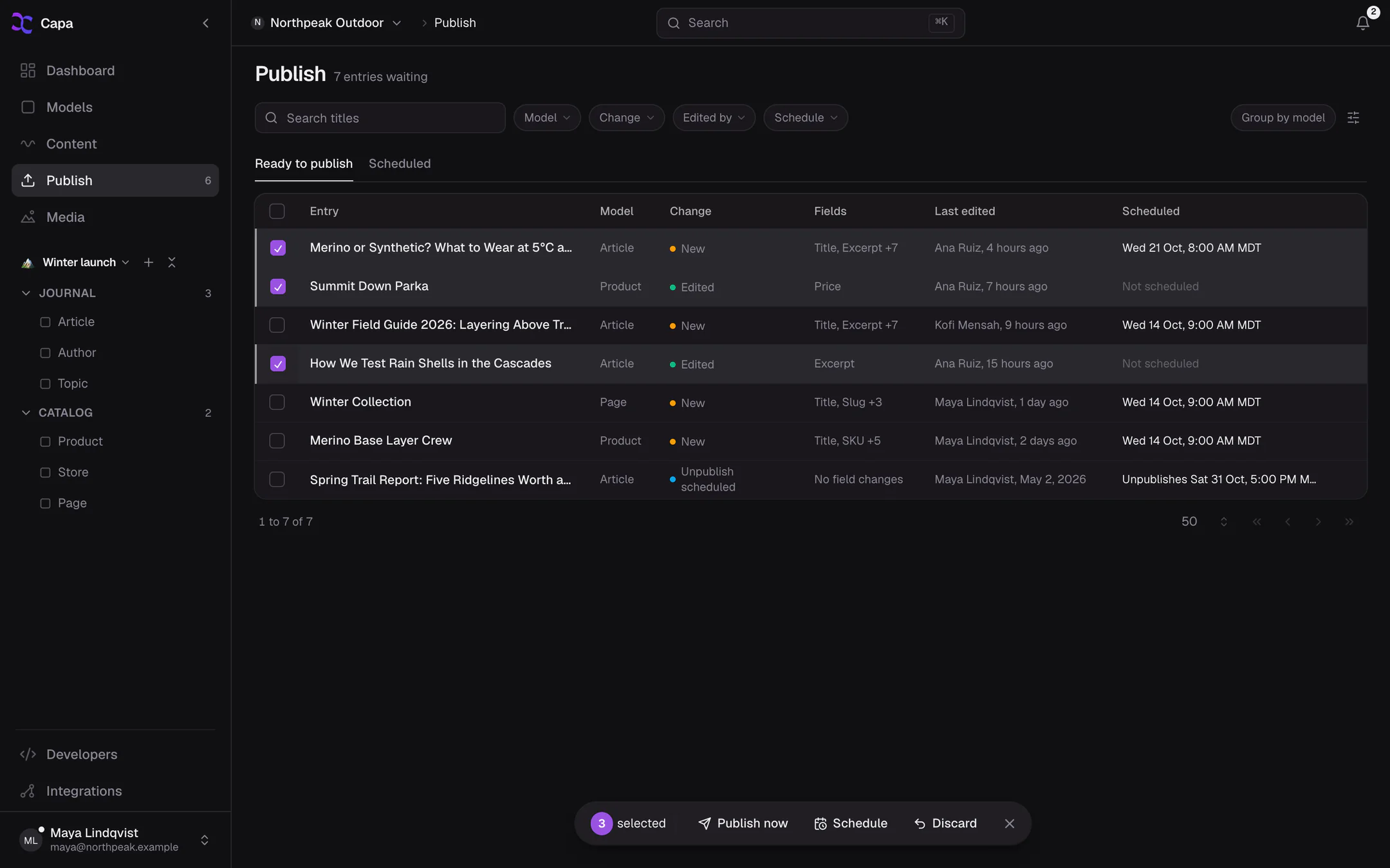 The Publish page on Ready to publish, with entries selected and the selection bar showing Publish now, Schedule and Discard