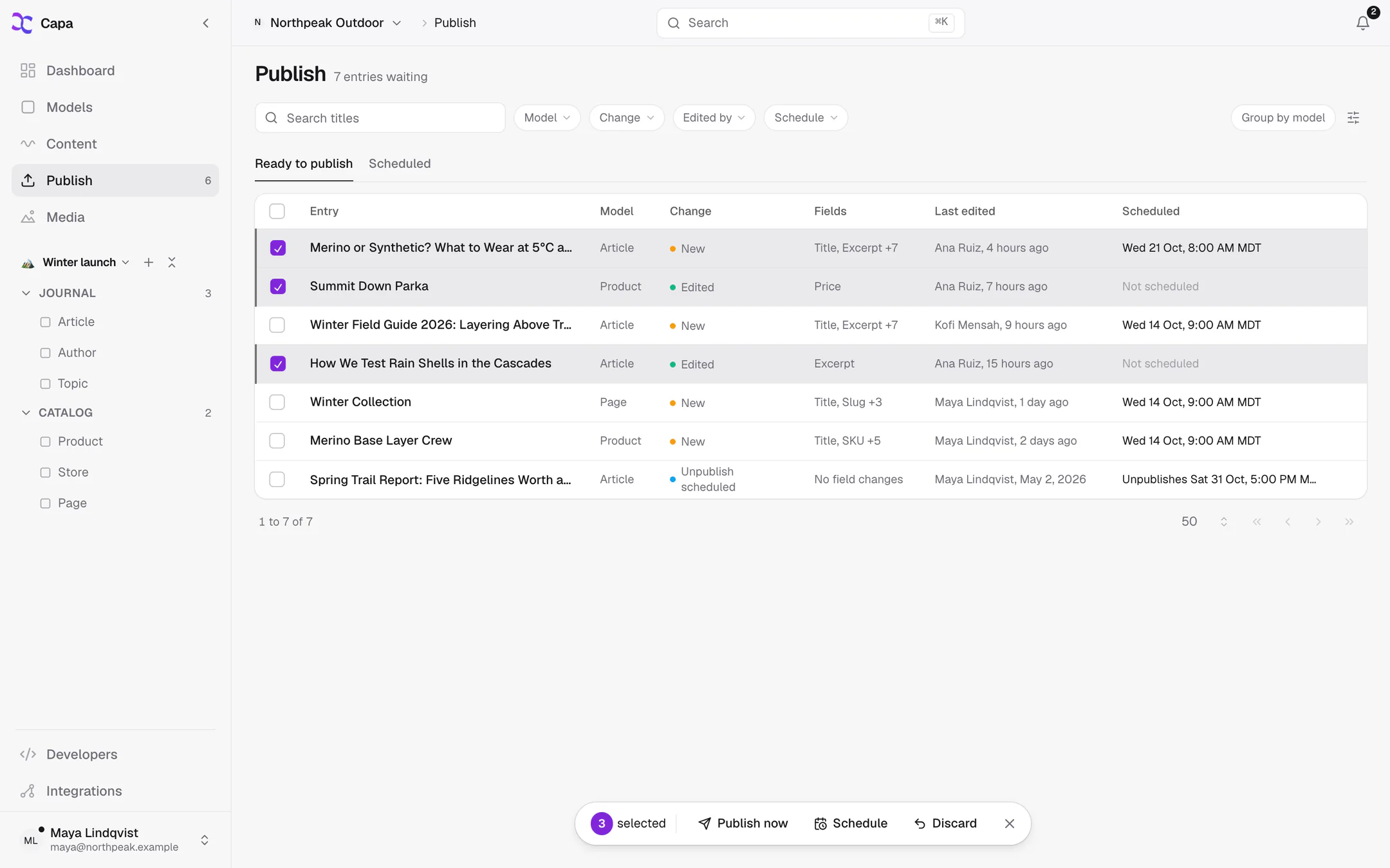 The Publish page on Ready to publish, with entries selected and the selection bar showing Publish now, Schedule and Discard