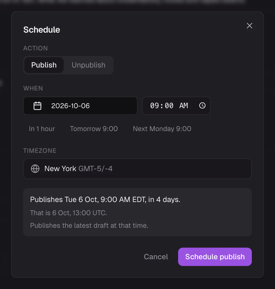 The Schedule dialog with a date, a time and the New York time zone picked, and the summary line “Publishes Tue 6 Oct, 9:00 AM EDT, in 4 days.”