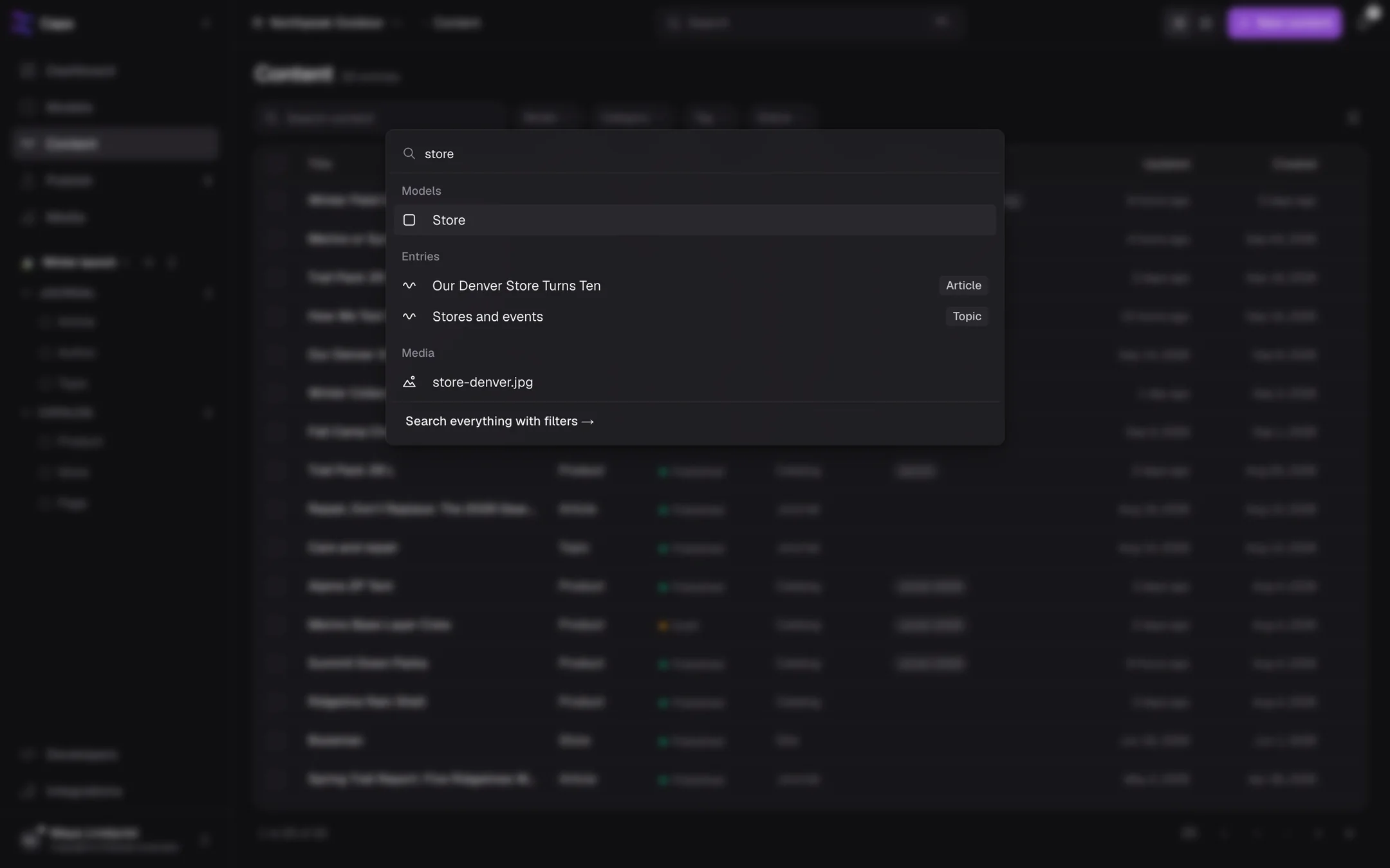 The search palette open over the Content page, with results grouped under Models and Entries