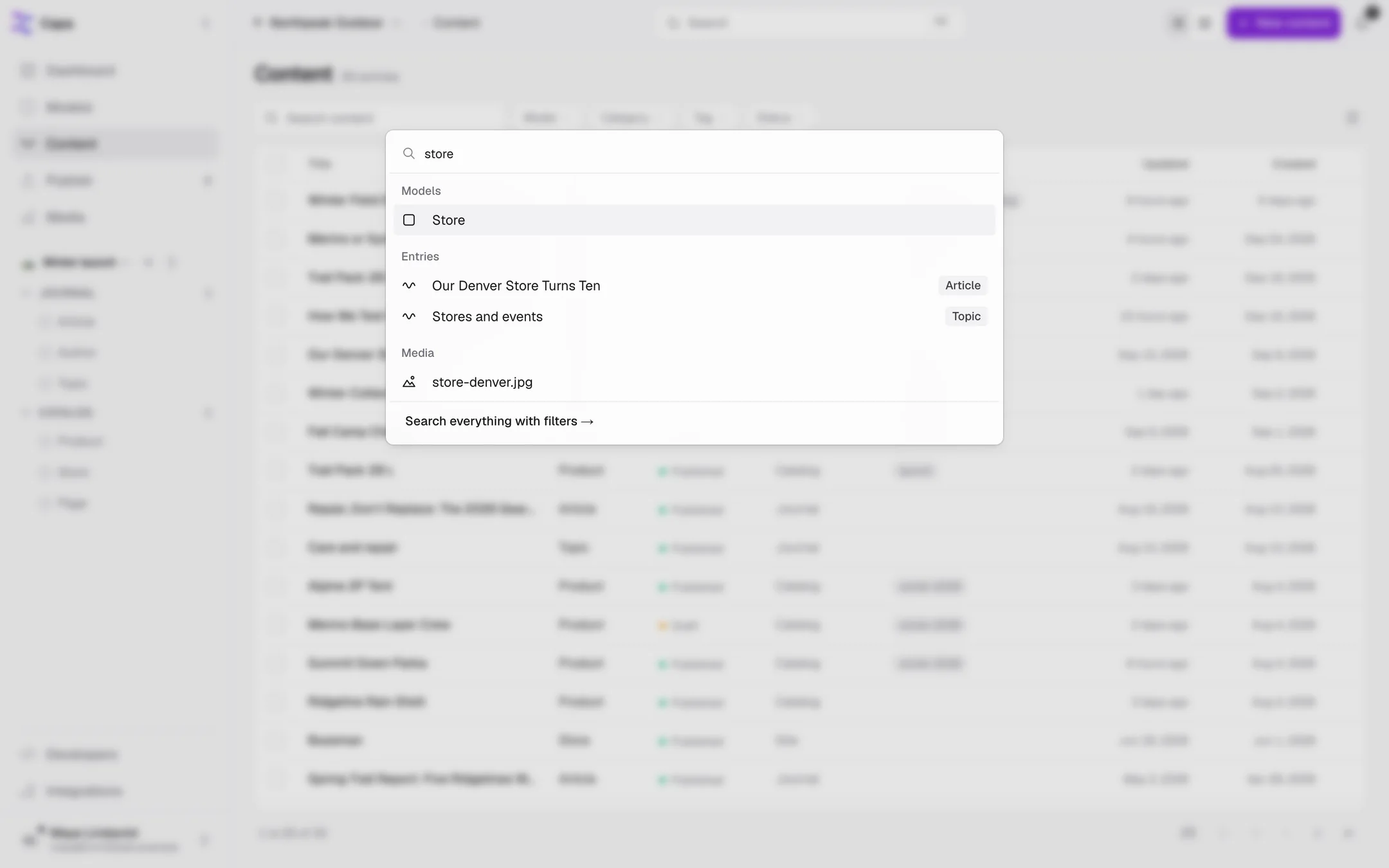 The search palette open over the Content page, with results grouped under Models and Entries
