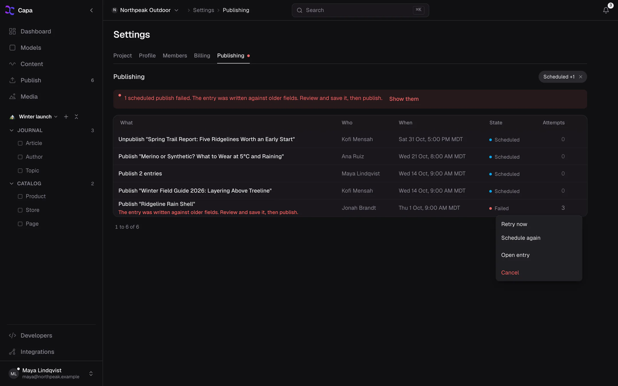 Settings, Publishing with a failed row and its menu open, showing Retry now