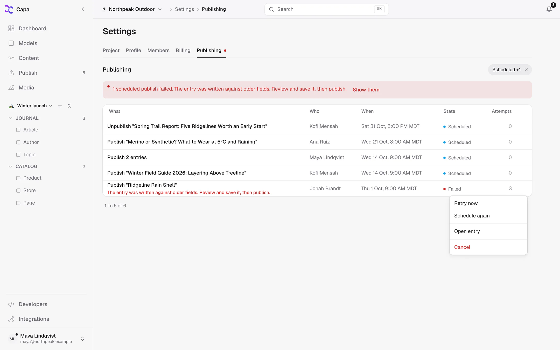 Settings, Publishing with a failed row and its menu open, showing Retry now