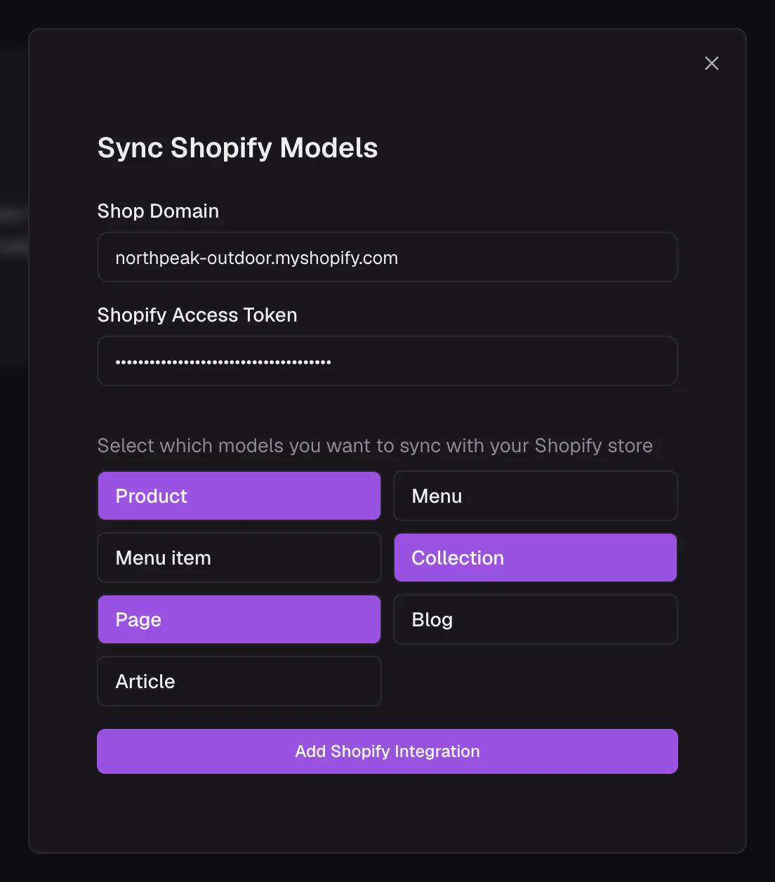 The Sync Shopify Models dialog with a shop domain filled in and the models to sync turned on