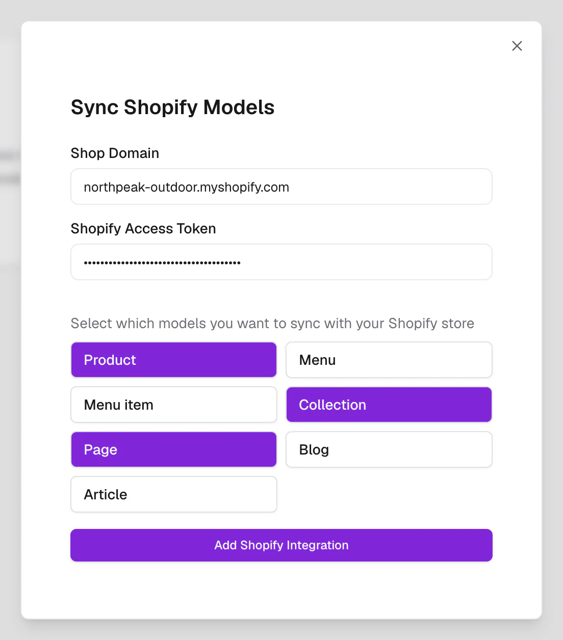 The Sync Shopify Models dialog with a shop domain filled in and the models to sync turned on