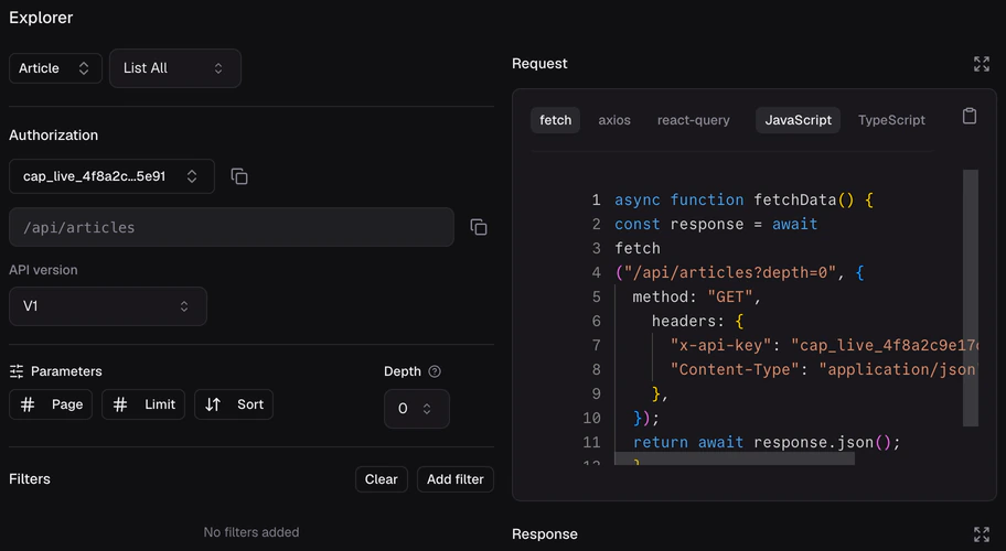 The API Explorer with the Article model selected and a generated fetch request.