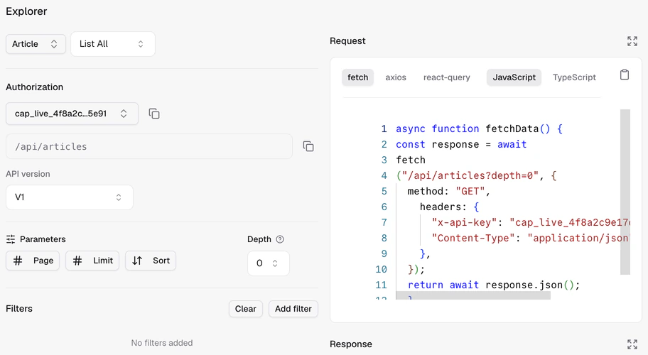 The API Explorer with the Article model selected and a generated fetch request.