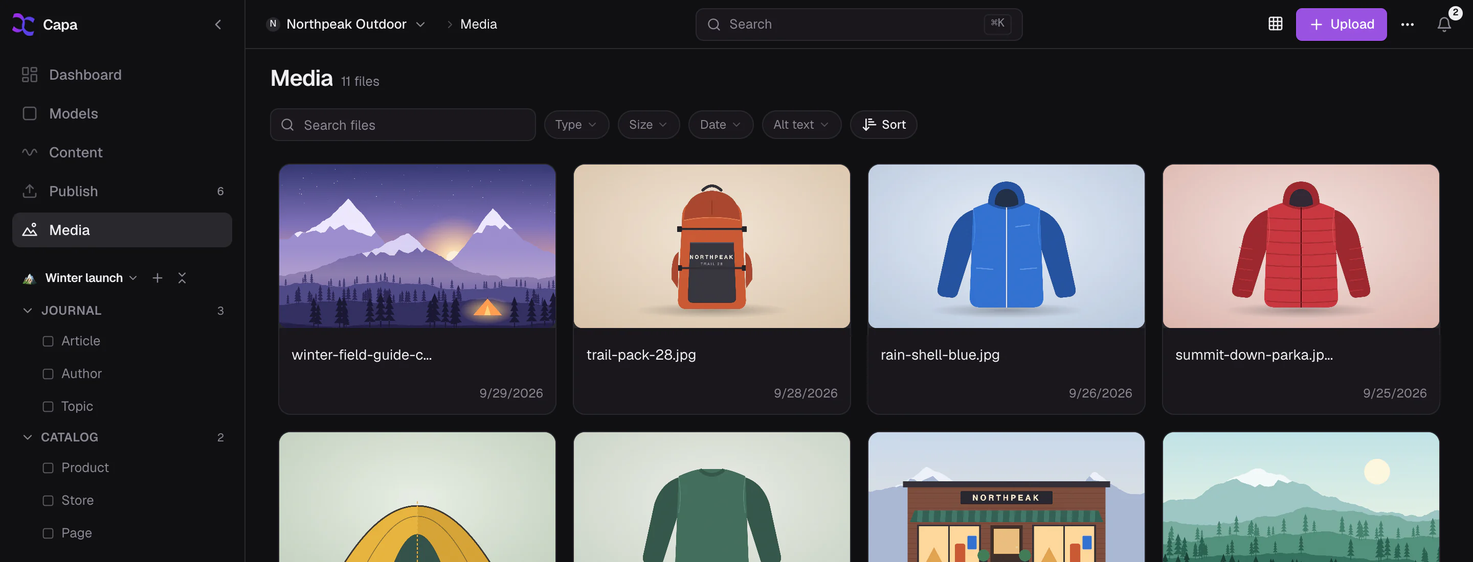 The Capa media library in grid view, with filters for type, size, date and alt text.