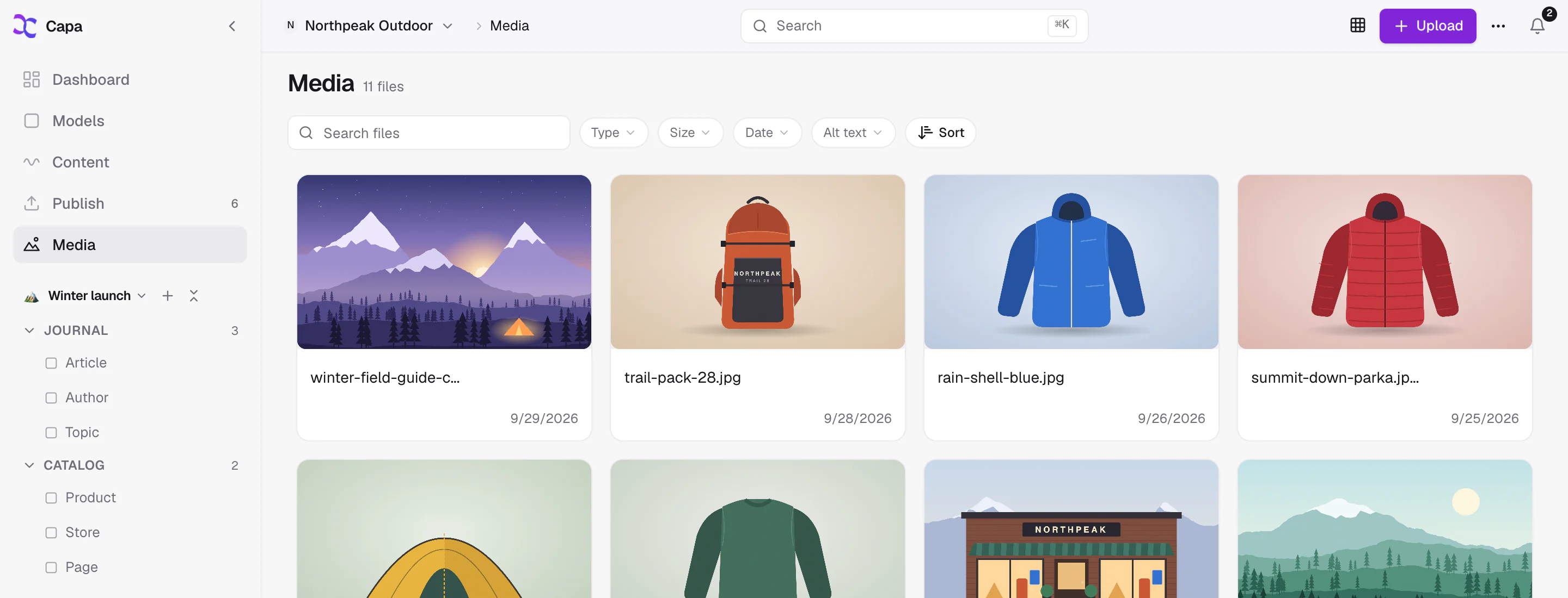 The Capa media library in grid view, with filters for type, size, date and alt text.