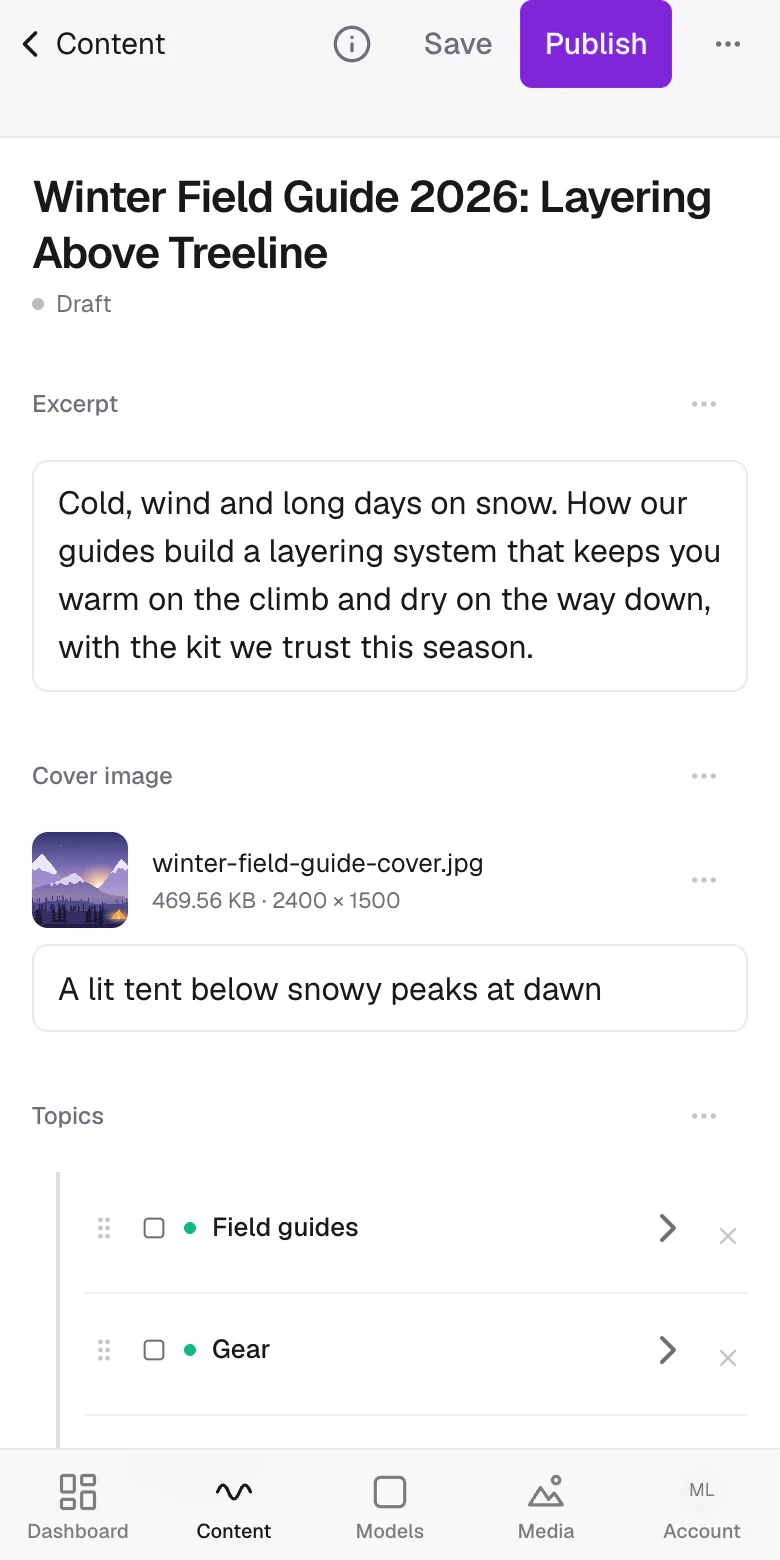 The editor on a phone, with Save and Publish at the top and the entry's fields below.