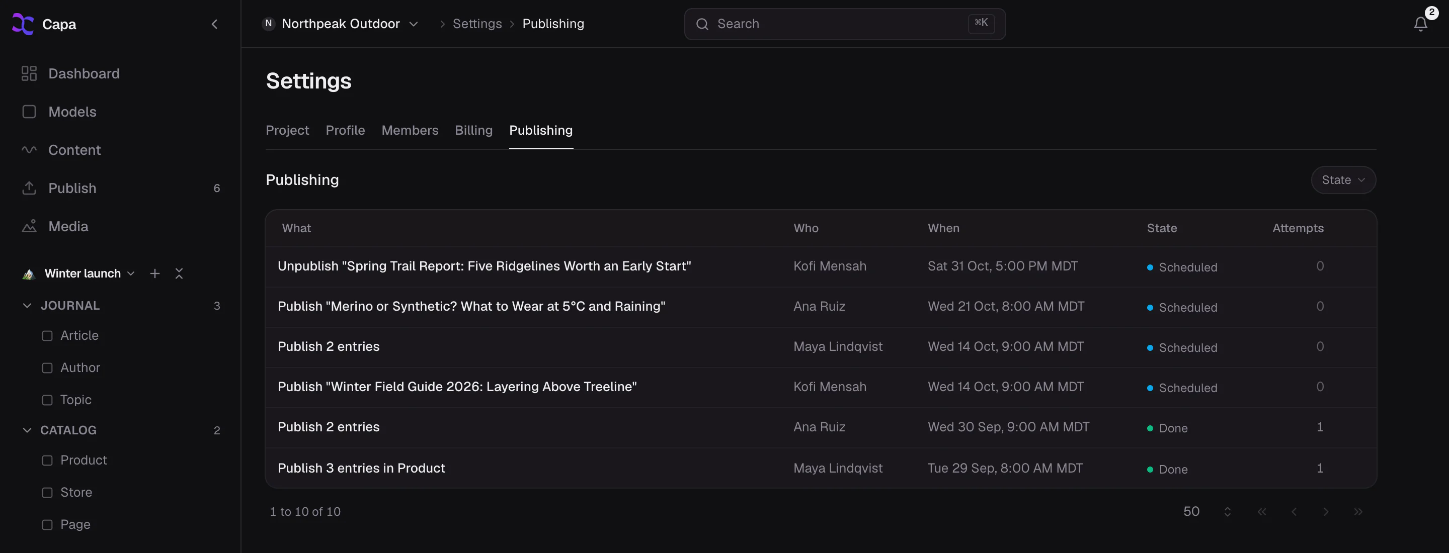 The Publishing log in Settings, listing scheduled publishes with who, when and state.