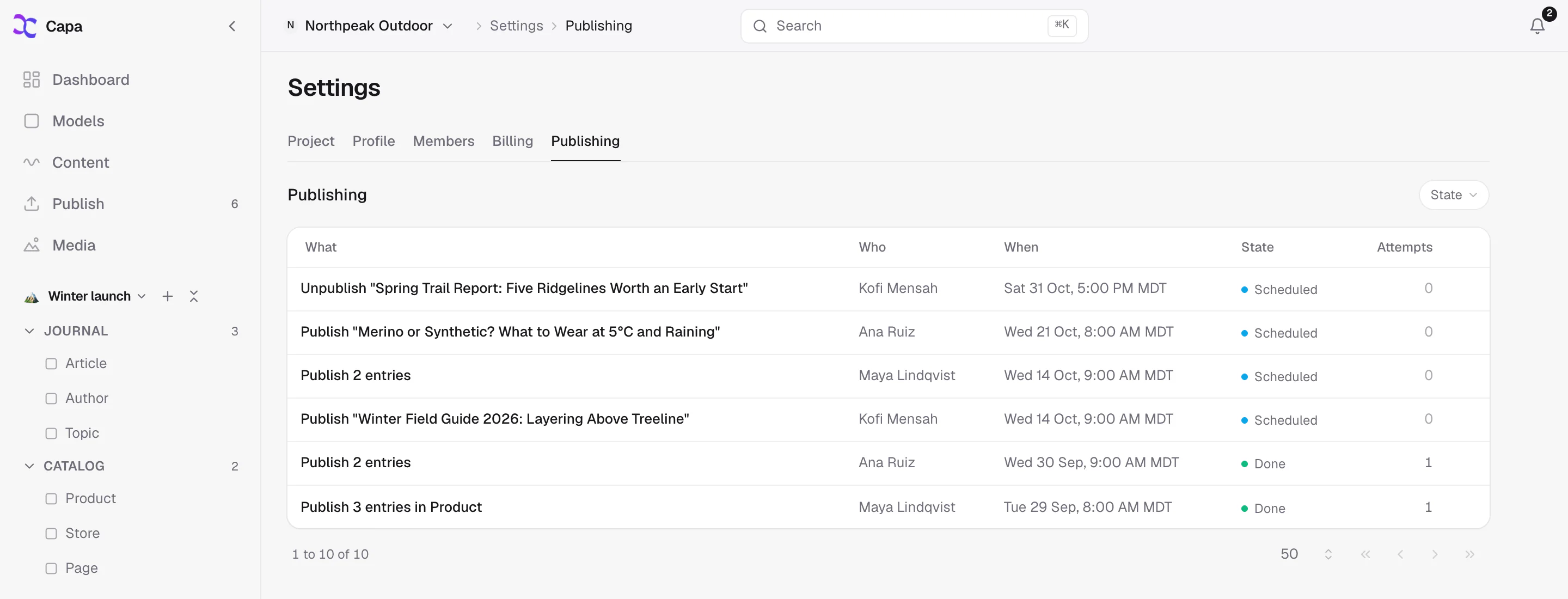 The Publishing log in Settings, listing scheduled publishes with who, when and state.